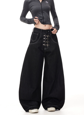 BTSG街头baggy丹宁原牛飞机扣廓形弯刀裤美式复古宽松阔腿牛仔裤