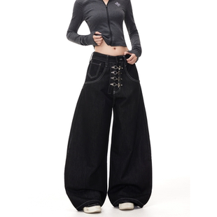 复古宽松阔腿牛仔裤 BTSG街头baggy丹宁原牛飞机扣廓形弯刀裤 美式