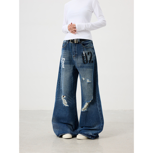 BTSG做旧破洞02印花宽松阔腿水洗蓝牛仔裤 baggy街头磨破拖地长裤