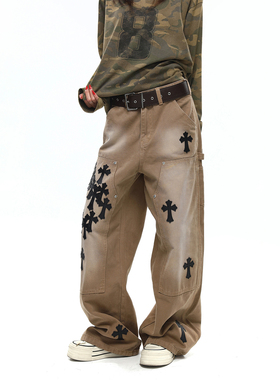 BTSG vintage 重工水洗做旧贴皮刺绣铆钉金属宽松直筒工装伐木裤