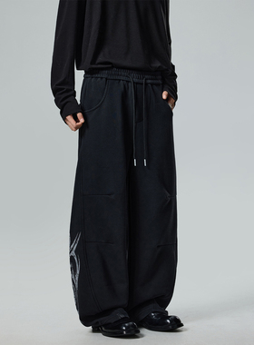 BTSG复古水洗做旧解构图腾印花卫裤baggy街头宽松阔腿运动休闲裤