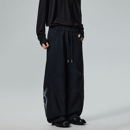 BTSG复古水洗做旧解构图腾印花卫裤baggy街头宽松阔腿运动休闲裤