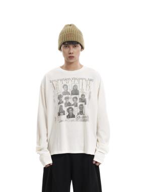 BTSG水洗做旧人物数码印花vintage复古褶皱长袖T恤美式休闲打底衫