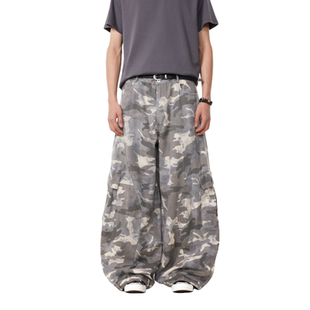 baggy多口袋阔腿弯刀休闲裤 裤 复古水洗做旧脏染迷彩工装 BTSG美式