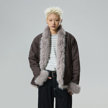 BTSG美式复古牛皮绒仿皮草大毛领座山雕棉服小众高级感保暖棉衣男