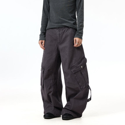 BTSG小众设计感解构斜口袋暗紫色工装裤美式复古宽松阔腿弯刀裤男