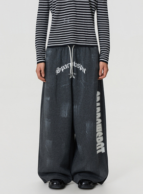 BTSG/美式复古刷漆印花灰色卫裤bagggy街头宽松阔腿街舞休闲长裤