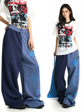 BTSG 水洗阴阳撞色星星印花法工蓝卫裤baggy版型宽松阔腿休闲裤男