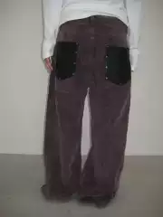 Btsg Patchwork Rivet Pocket Design Corduroy Casual Pants Baggy Wide-Leg Style Maroon Work Pants