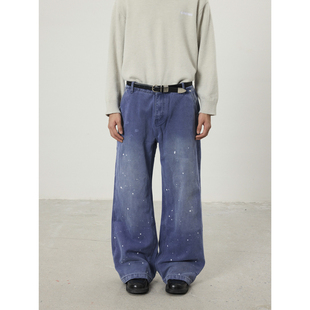 BTSG水洗泛白泼墨法工蓝伐木牛仔裤vintage廓形复古做旧工装长裤