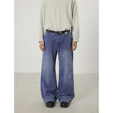 BTSG水洗泛白泼墨法工蓝伐木牛仔裤vintage廓形复古做旧工装长裤