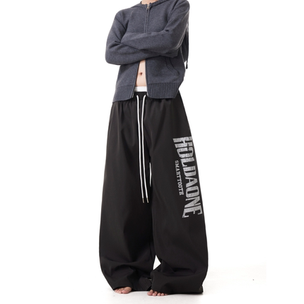 BTSG双腰头设计字母印花街头抽绳休闲裤复古户外宽松阔腿长裤潮
