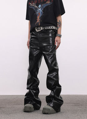BTSG美式复古高街RO风格涂层油蜡亮面皮裤潮牌宽松拖地微喇牛仔裤