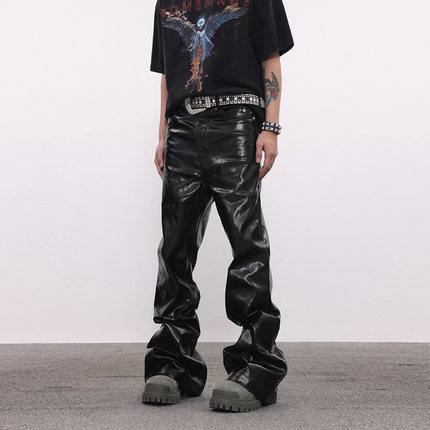 BTSG美式复古高街RO风格涂层油蜡亮面皮裤潮牌宽松拖地微喇牛仔裤