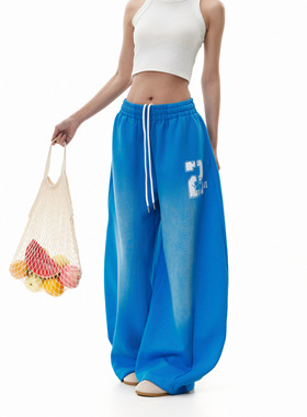 BTSG美式复古水洗渐变蓝色阔腿爵士舞卫裤男女拖地街舞运动裤加绒