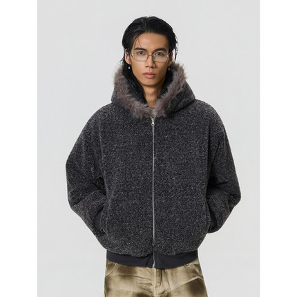 BTSG/美式复古仿羊羔毛领夹棉服外套冬季保暖连帽摇粒绒皮草棉服