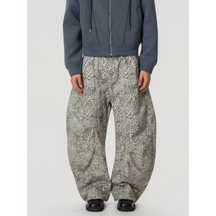 baggy街头男女宽松阔腿牛仔裤 复古解构褶皱豹纹弯刀裤 潮 美式 BTSG