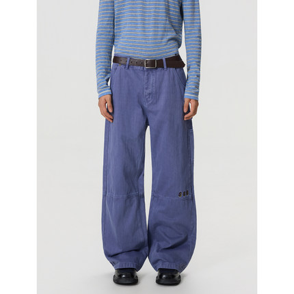 BTSG/复古vintage拼接刺绣竹节法工裤美式小众宽松直筒蓝色工装裤