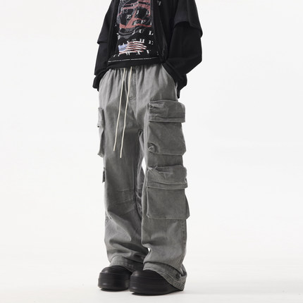 BTSG美式复古多口袋工装裤男宽松hiphop嘻哈街头阔腿休闲伞兵裤潮