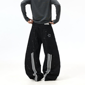 BTSG小众设计感解构拼接泼墨条纹牛仔裤 复古baggy阔腿原牛弯刀裤