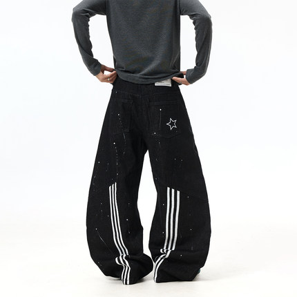 BTSG小众设计感解构拼接泼墨条纹牛仔裤复古baggy阔腿原牛弯刀裤