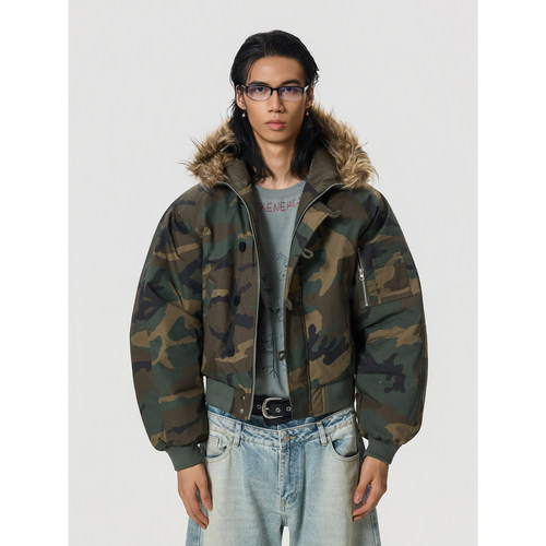 美式复古迷彩毛领棉服外套