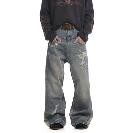 BTSG美式复古水洗做旧拼接解构破坏直筒牛仔裤小众痞帅微喇休闲裤