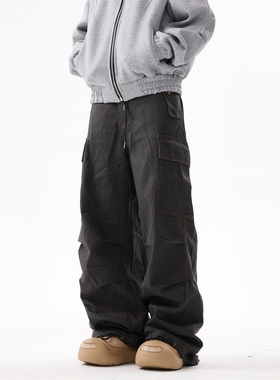 BTSG美式复古水洗做旧抽绳多口袋工装裤机能vibe宽松阔腿休闲裤潮