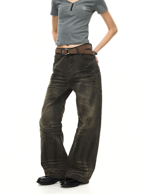 BTSG 重工水洗做旧擦脏立体压皱阔腿牛仔裤Baggy猫须街头宽松裤子