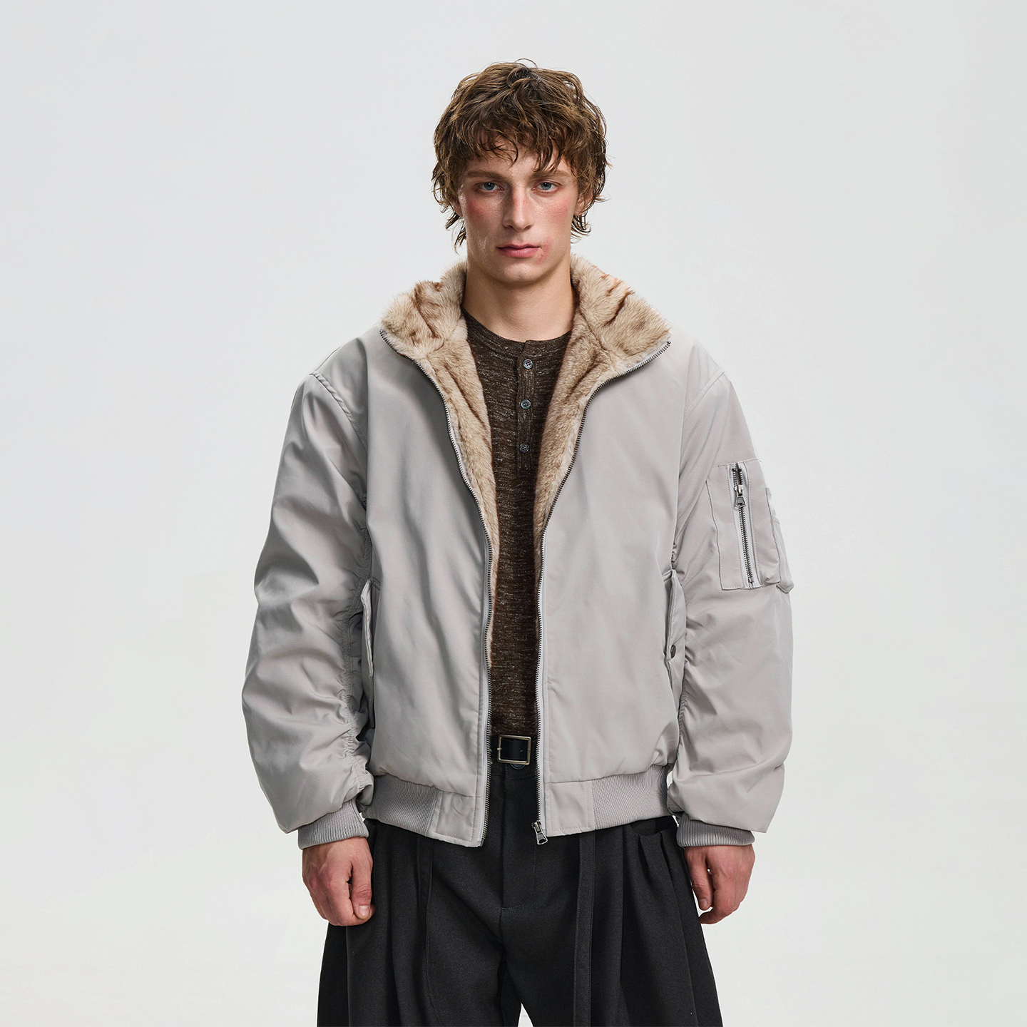 bomber格纹毛领加厚飞行员夹克