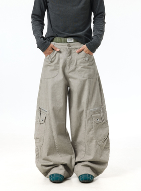 BTSG水洗做旧质感大理石纹铆钉工装裤Cleanfit宽松直筒阔腿弯刀裤