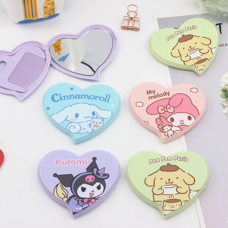 超萌爱心形镜梳套装迷你镜子随身便携梳子可爱卡通化妆镜爱美专用