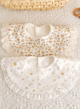 新生儿蕾丝花边防水口水巾婴儿宫廷风双层围嘴宝宝纯棉防吐奶围兜