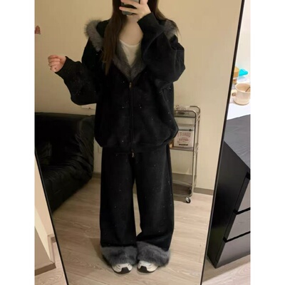 UNXU潮牌满天星毛绒兔耳开衫套装