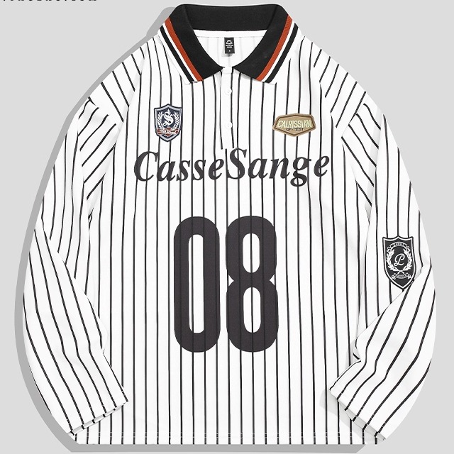 UNXU美式条纹POLO衫男女春秋翻领数字印花宽松休闲潮运动情侣上衣