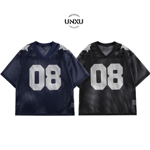 UNXU潮牌美式印花镂空网罩V领短袖T恤男女夏季宽松运动球衣上衣