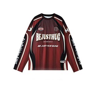 上衣美式 潮流赛车服运动长袖 复古T恤男女ins 新款 UNXU潮牌2025秋季