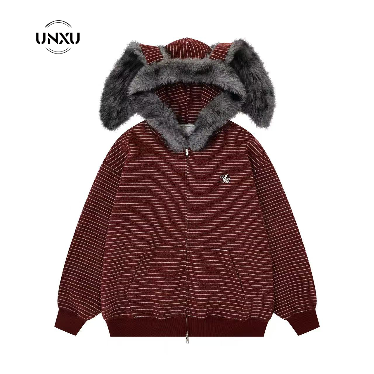 UNX潮牌秋冬新款美式条纹兔耳加绒开衫卫衣男女连帽情侣毛领外套