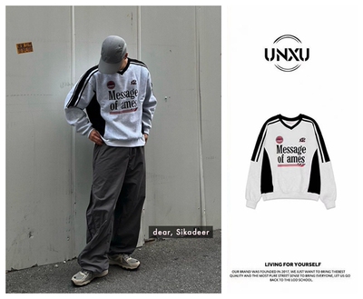 UNXU春秋韩版拼接V领情侣卫衣