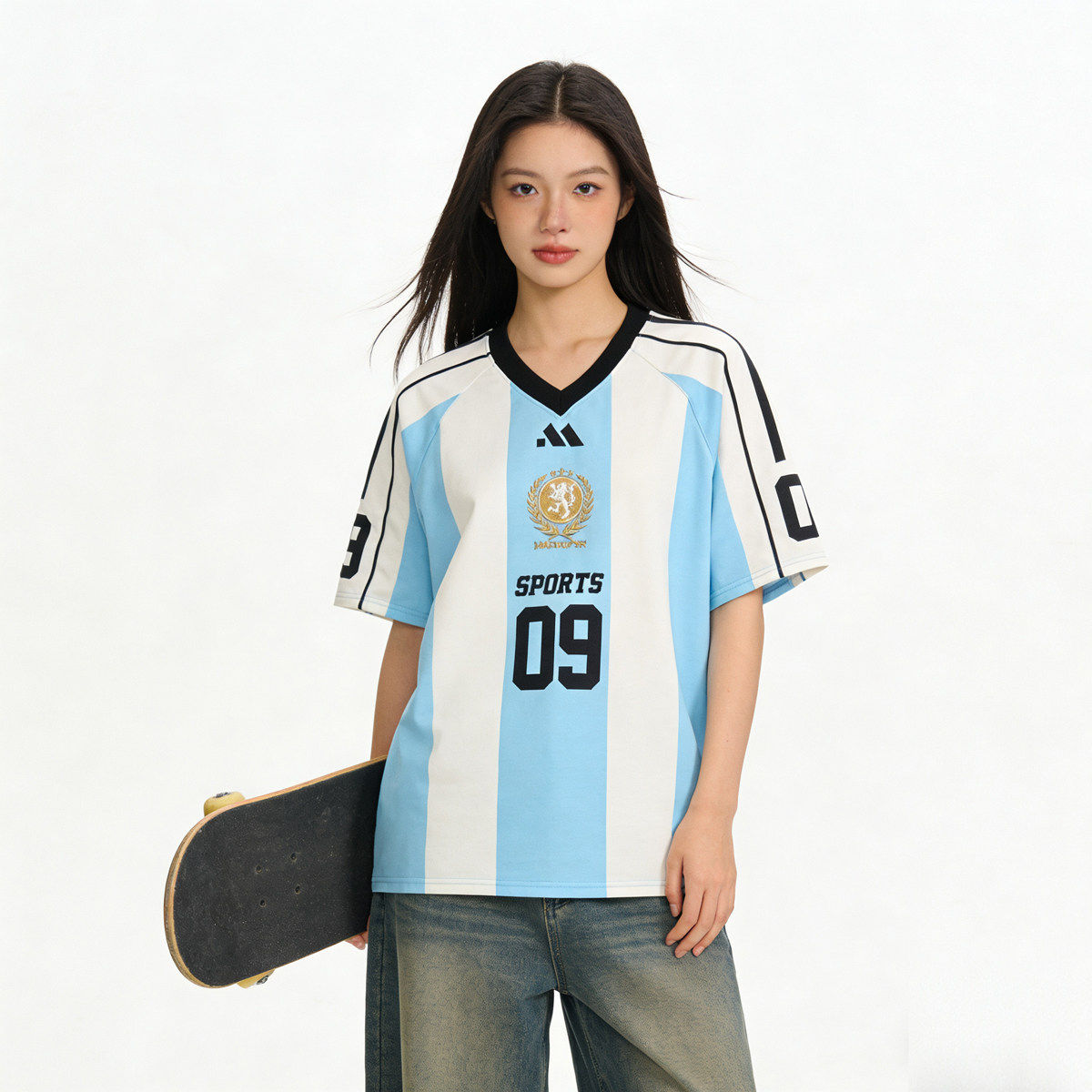 UNXU美式足球风V领短袖T恤男女夏季条纹运动情侣宽松休闲风上衣潮
