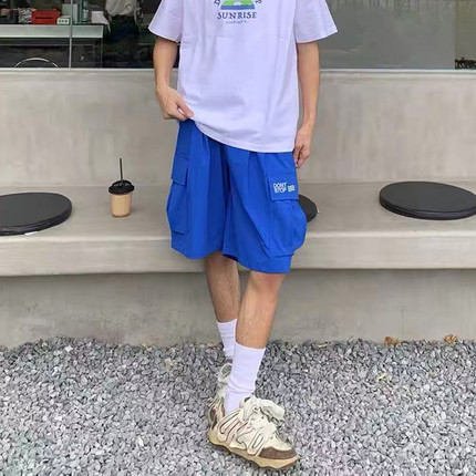UNXU潮牌夏日多巴胺穿搭立体工装口袋抽绳阔腿五分裤男宽松休闲裤