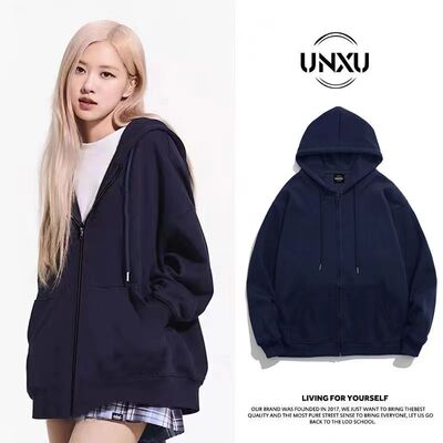 UNXU加绒宽松拉链开衫情侣卫衣