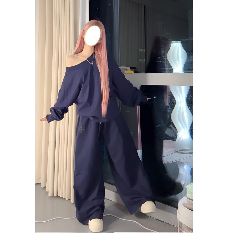 UNXU美式复古慵懒风套装长袖露肩卫衣系带长裤早秋款宽松两件套女
