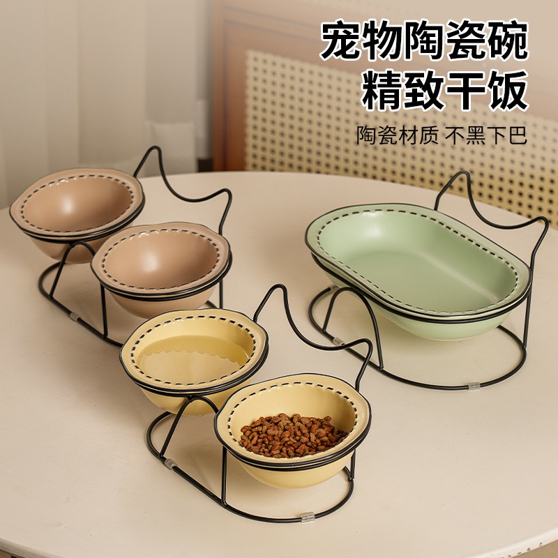漫画风猫碗陶瓷狗盆狗碗防打翻宠物食盆双碗铁架护颈狗食盆宠物碗