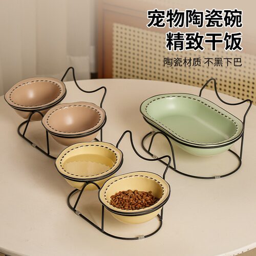 漫画风猫碗陶瓷狗盆狗碗防打翻宠物食盆双碗铁架护颈狗食盆宠物碗