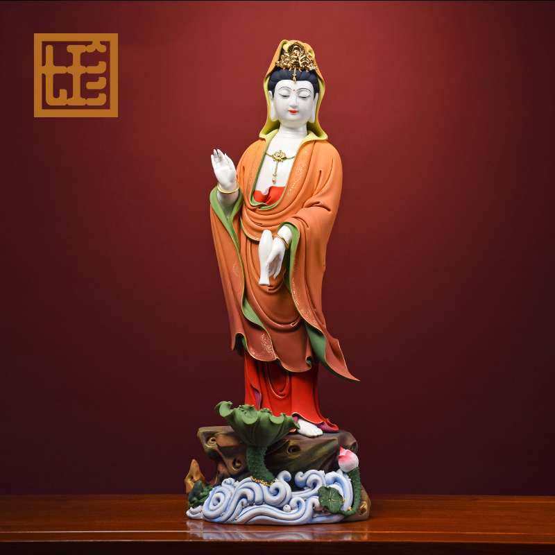 七珍 陶瓷佛像《极彩 滴水观世音》林建平家用供奉观音菩萨像摆件