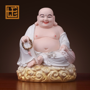 七珍 陶瓷祥云弥勒佛佛像摆件彩绘家用客厅供奉大肚笑佛弥勒坐像