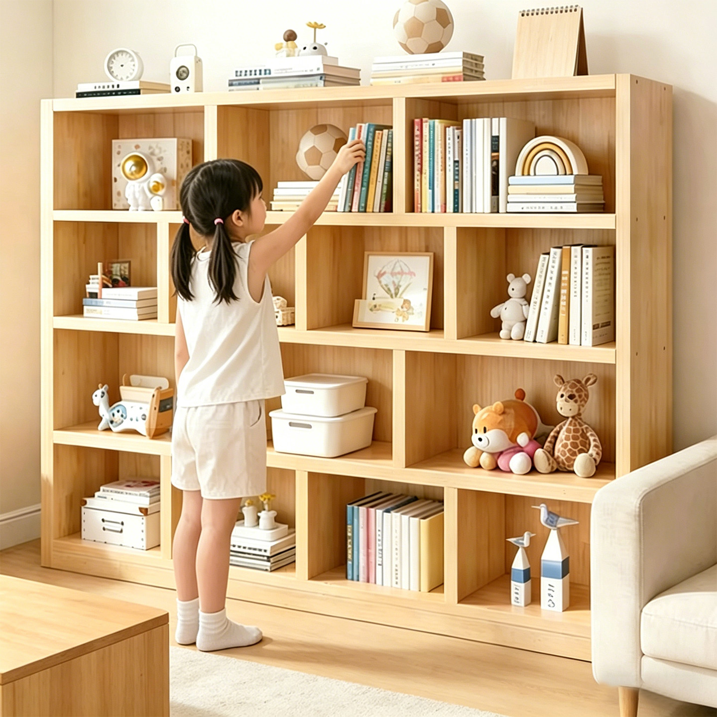 实木书架一体靠墙儿童书柜落地置物架矮柜简易格子柜收纳储物柜子