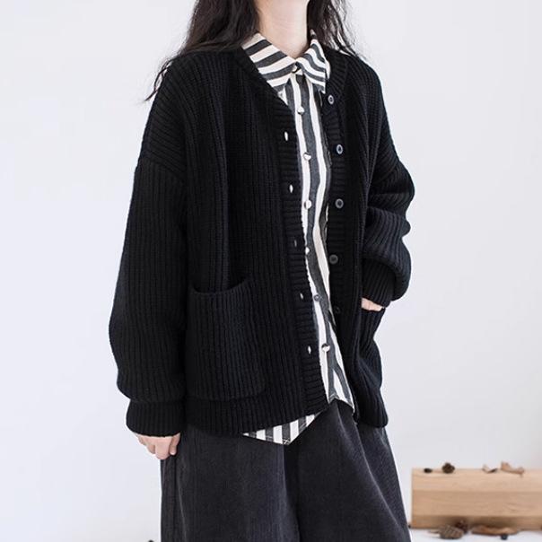 重磅加厚!羊毛黑色粗纱元宝针简约大气开襟加厚圆领毛衣外套秋冬