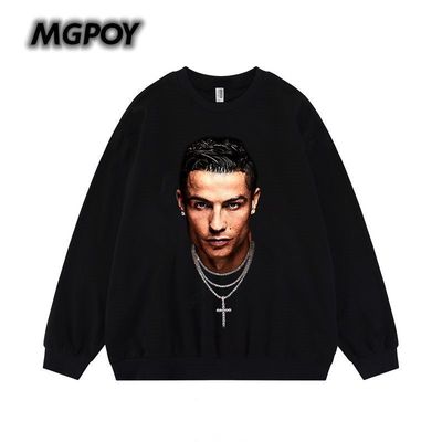 纯棉潮c罗头像世界杯男女宽松美式街头加绒加厚圆领情侣卫衣儿童